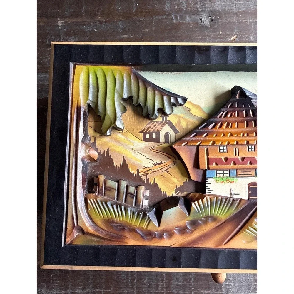 Vintage Black Forest Musical Jewelry Box Swiss‎ Chalet Wood Carving Restoration